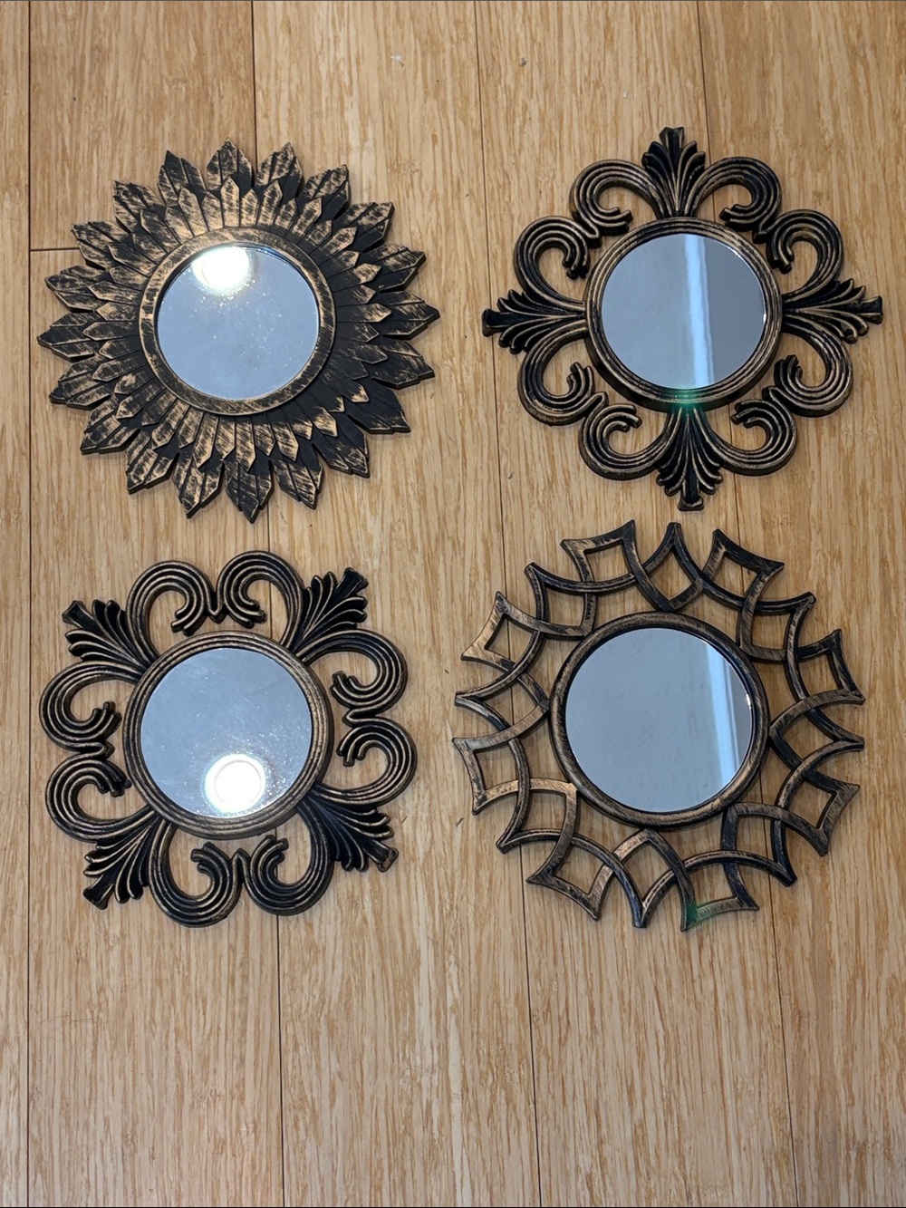Decorative Sunburst Wall Mirrors - Plastic w/ Bronze Finish (Set of 4) - 9.5” W